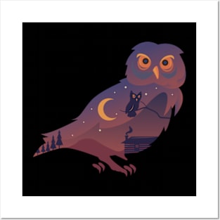 Owl Design with Nature Double Exposure for Animal Lovers Posters and Art
